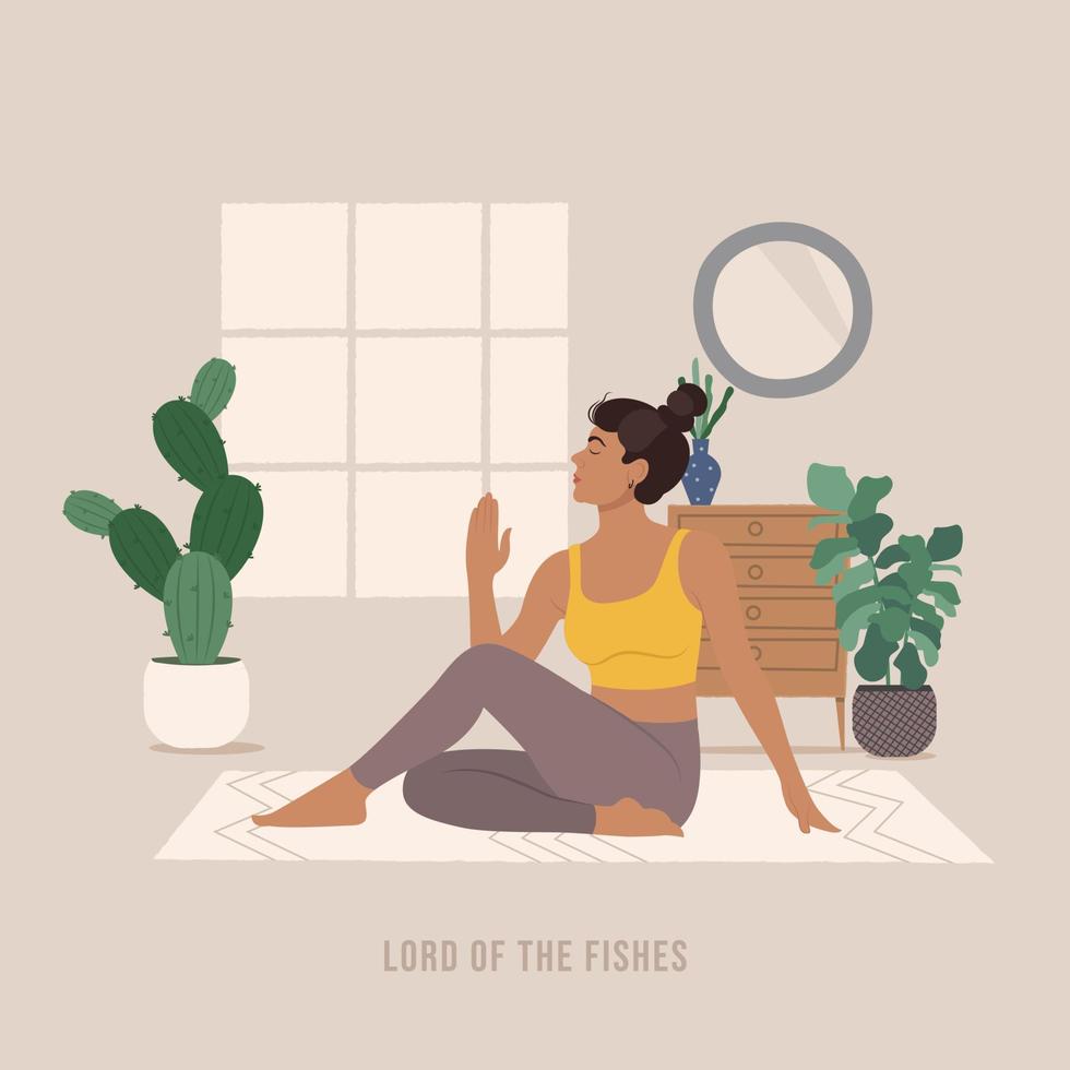 Lord Of The Fishes Yoga pose. Young woman practicing Yoga pose. vector