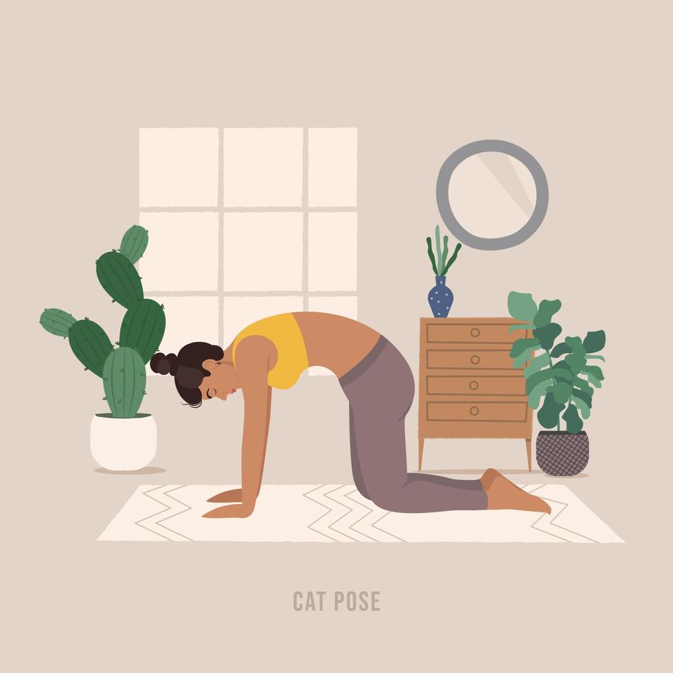 Cat Yoga pose. Young woman practicing Yoga pose. vector