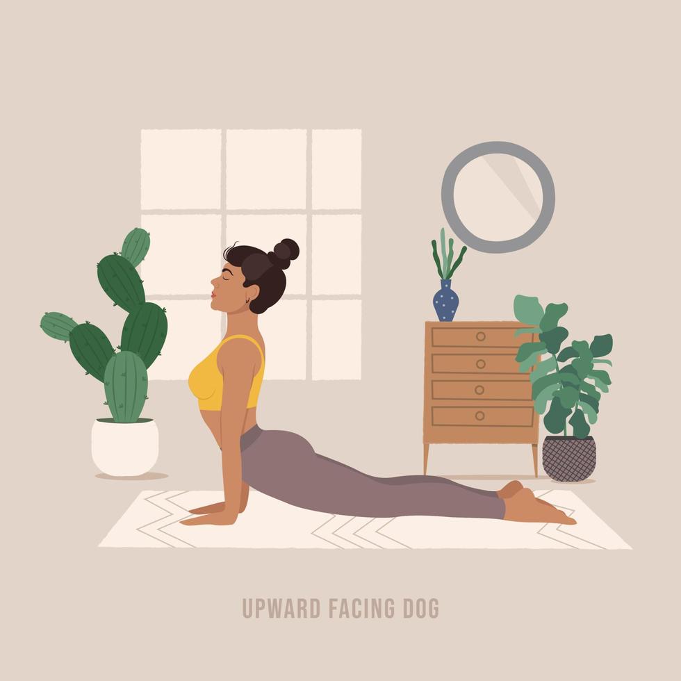 Postura de yoga para perros boca arriba. mujer joven practicando pose de yoga. vector