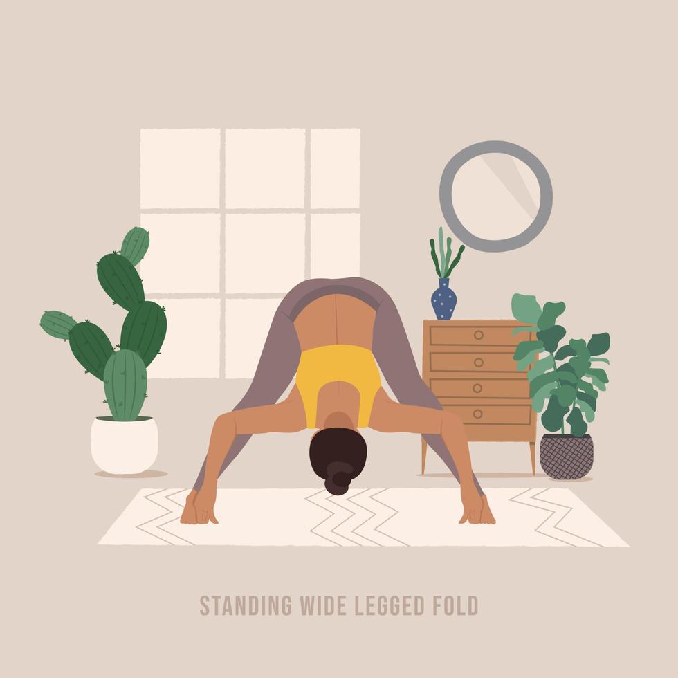 Standing Wide Legged Fold Yoga pose. Young woman practicing Yoga pose. vector