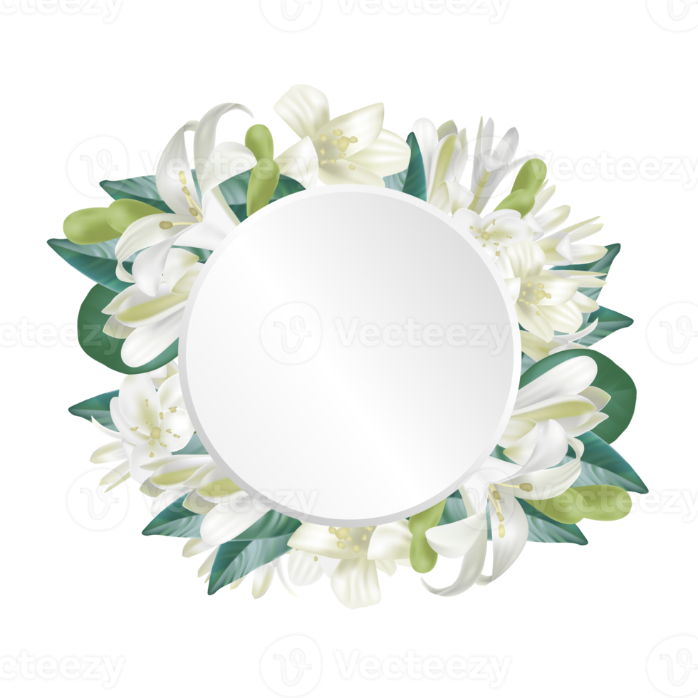 romantisch bloem uitnodiging of groet kaart voor bruiloft decoratie, Valentijnsdag dag, verkoop en andere evenementen met weinig wit bloemen en ronde papier label. png