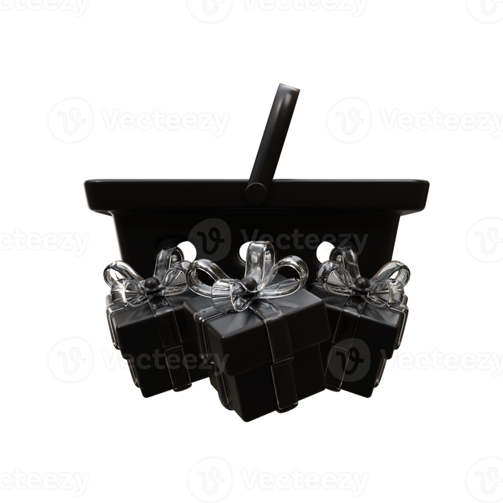 3d black shopping cart with gift box png