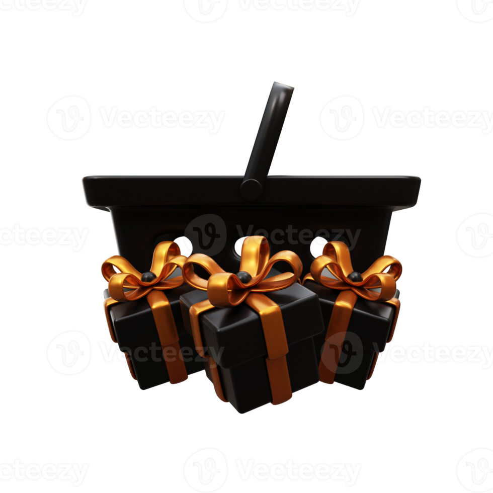 3d black shopping cart with gift box png