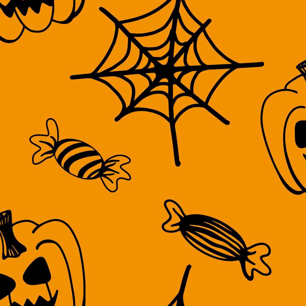 vector halloween patrón sin costuras calabazas, telaraña, dulces y caramelos clipart en la naranja. ilustración graciosa y linda para diseño de temporada, textil, decoración de sala de juegos para niños o tarjeta de felicitación.