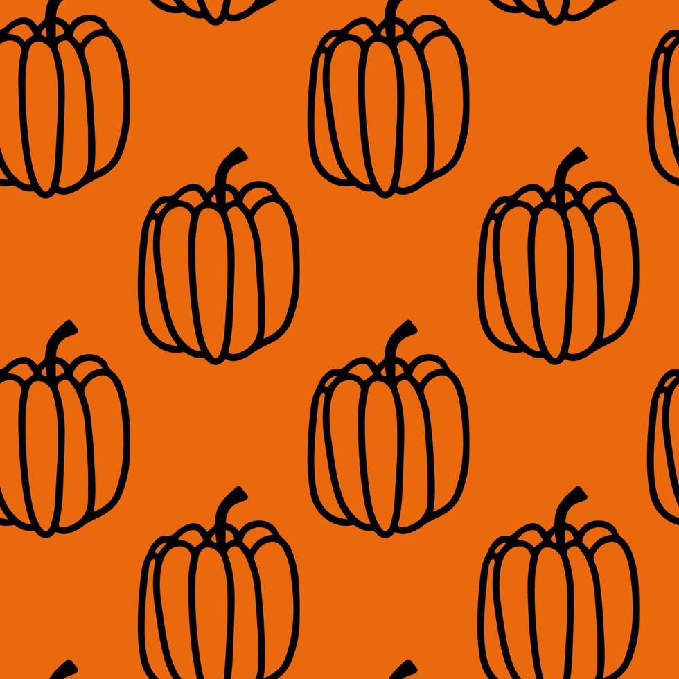 Vector halloween seamless pattern pumpkins clipart on the orange. Funny, cute illustration for seasonal design, textile, decoration kids playroom or greeting card. Hand drawn prints and doodle.