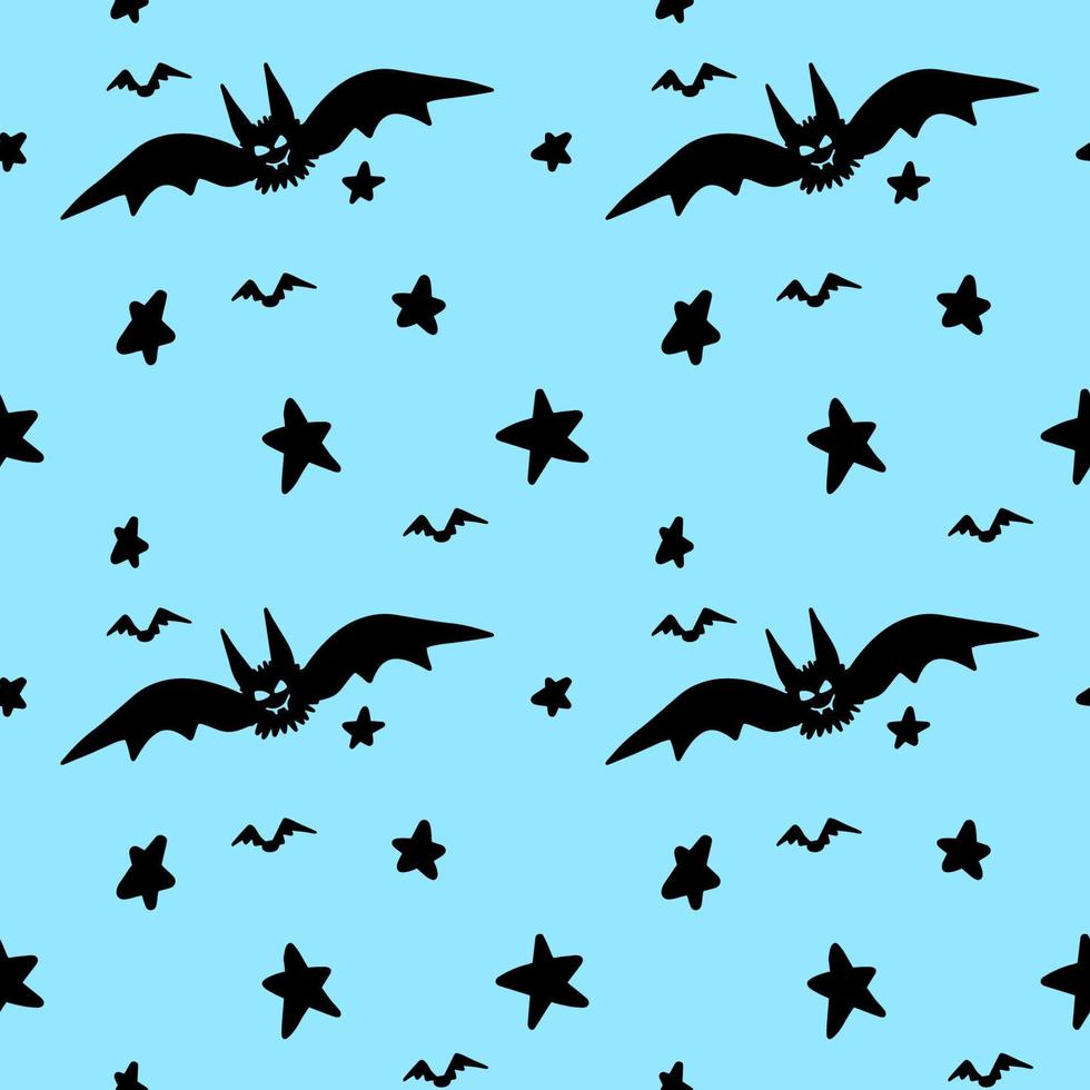 Murciélago de Halloween vectorial y estrellas en el cielo de fondo aislado de patrones sin fisuras. linda ilustración para diseño de temporada, textil, decoración de sala de juegos para niños o tarjeta de felicitación. grabados dibujados a mano y garabatos vector