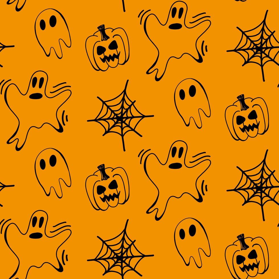 Vector halloween ghost, spider web, pumpkin seamless pattern isolated on white background. Cute illustration for seasonal design, textile, decoration kids playroom or greeting card. Hand drawn doodle.