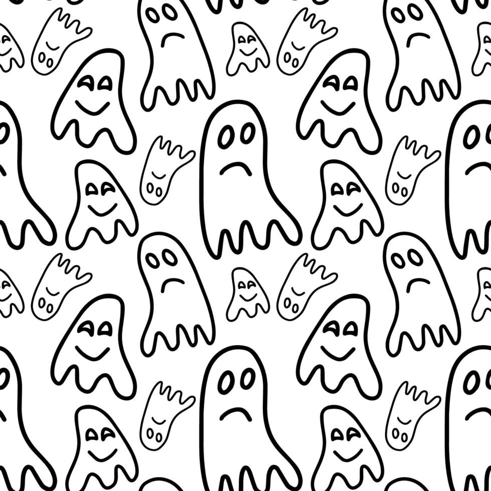 Vector halloween seamless pattern of ghost isolated on white background. Funny, cute illustration for seasonal design, textile, decoration kids playroom or greeting card. Hand drawn prints and doodle.