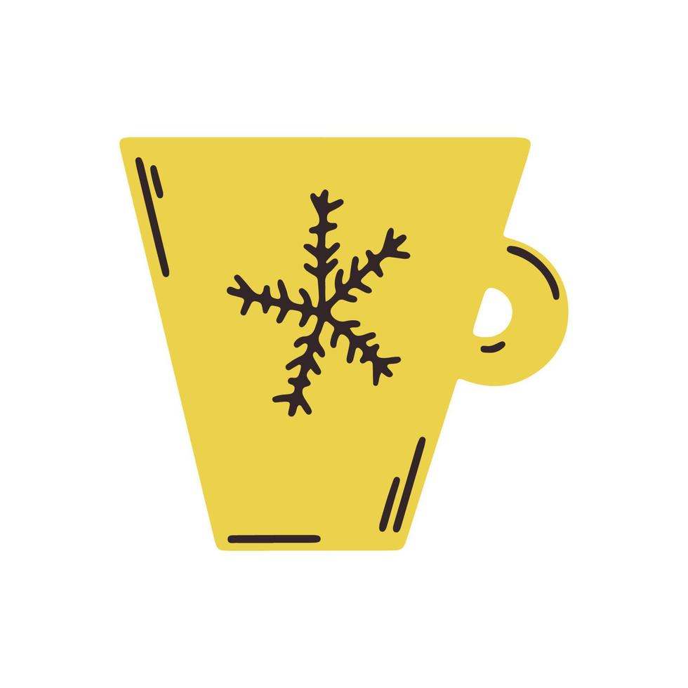 Hand drawn Cup of tea for tea party isolated on white background. Doodle mug of coffee. Cartoon cup with snowflake design. Ceramic tableware for christmas design, wrapping, restaurants and cafe vector