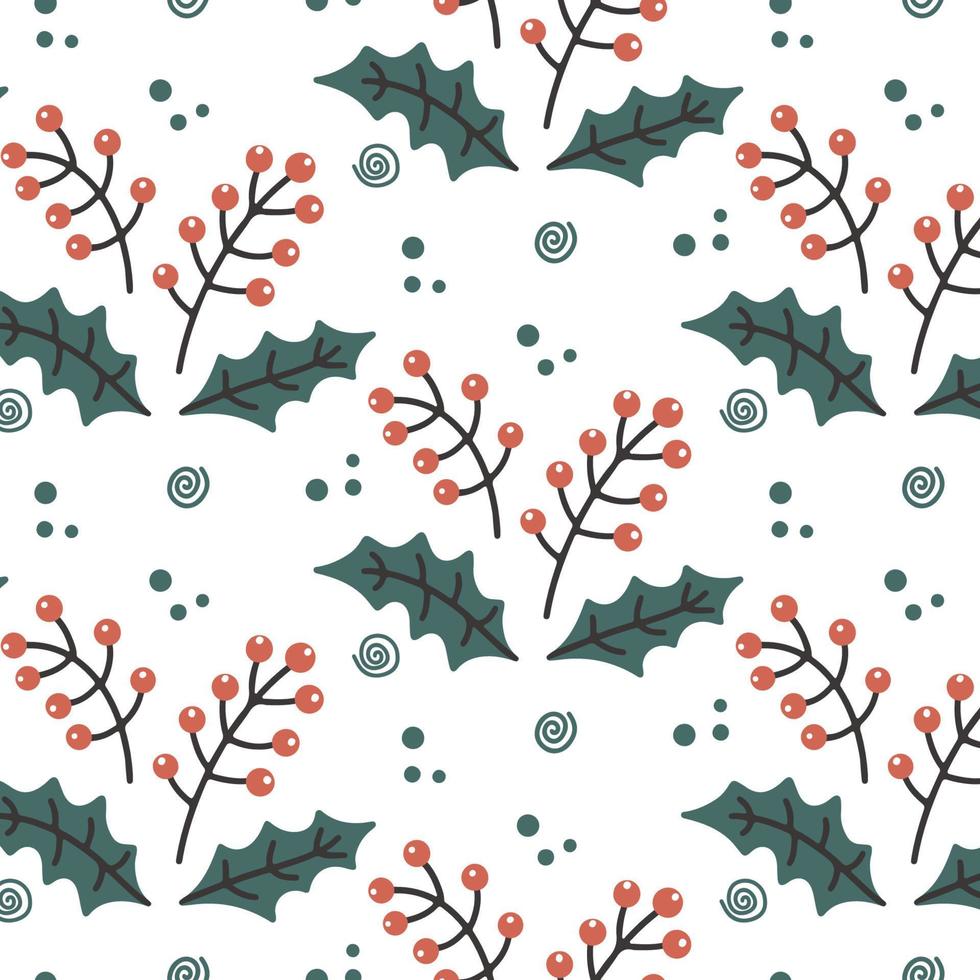 Christmas seamless pattern with rowan berry. Doodle vector background for wedding, invitations, textile, wrapping paper, greeting cards. Hand drawn holly leaves and berries. Scribble New Year decor