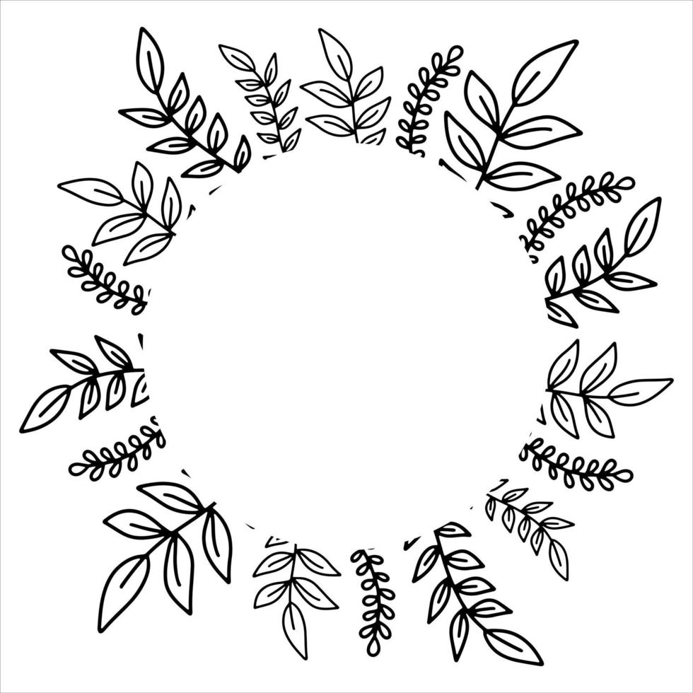 Marco de círculo de flores dibujado a mano vectorial aislado sobre fondo blanco. diseños florales de garabatos decorativos, marco cuadrado, primavera, flores, hojas, plantas, decoraciones florales, coronas para el diseño estacional. vector