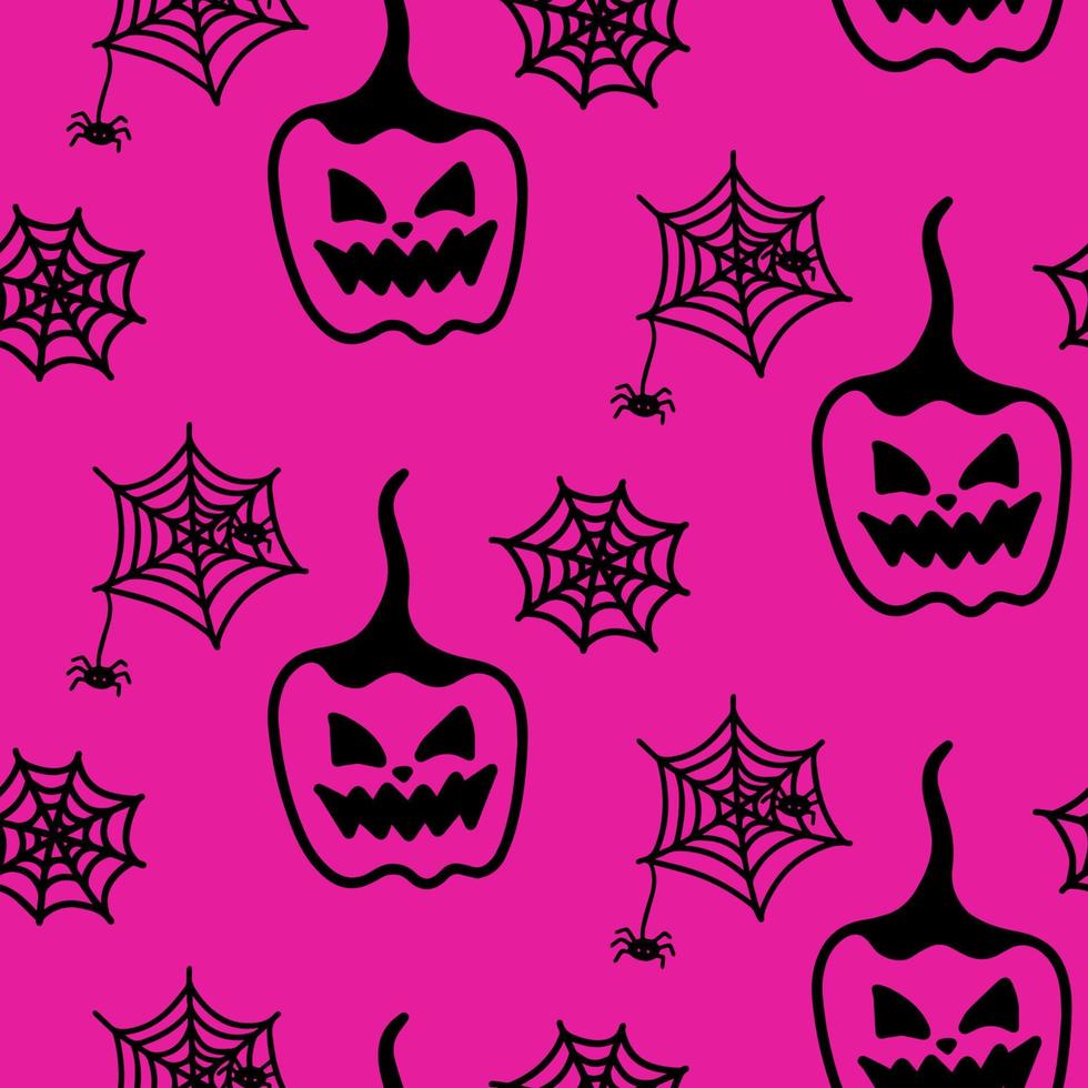 Vector halloween seamless pattern of pumpkin, spider web, spider for background. Cute illustration for seasonal design, textile, decoration kids playroom or greeting card. Hand drawn prints and doodle