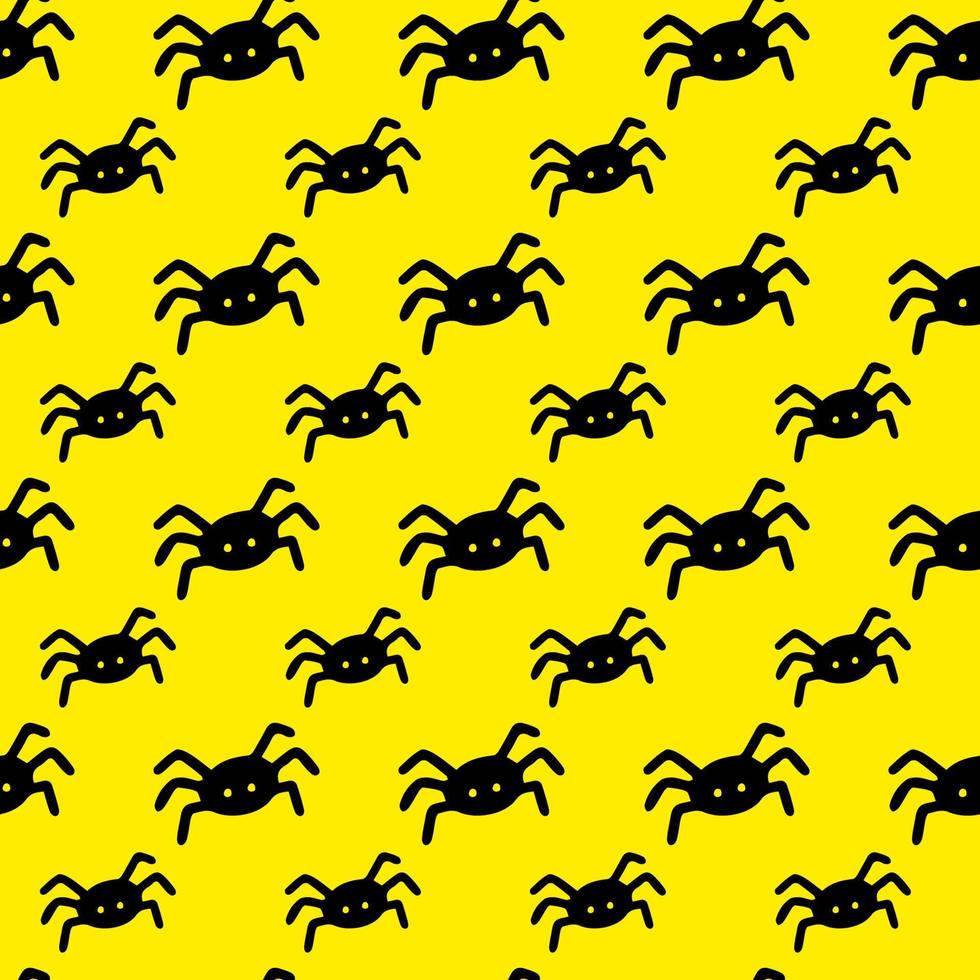 Vector halloween seamless pattern spider logo clipart isolated on yellow background. Funny, cute illustration for seasonal design, textile, decoration kids playroom or greeting card. Hand drawn art.