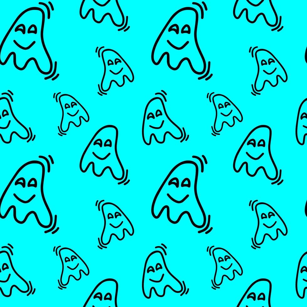 Vector halloween seamless pattern of ghost isolated on blue background. Funny, cute illustration for seasonal design, textile, decoration kids playroom or greeting card. Hand drawn prints and doodle.