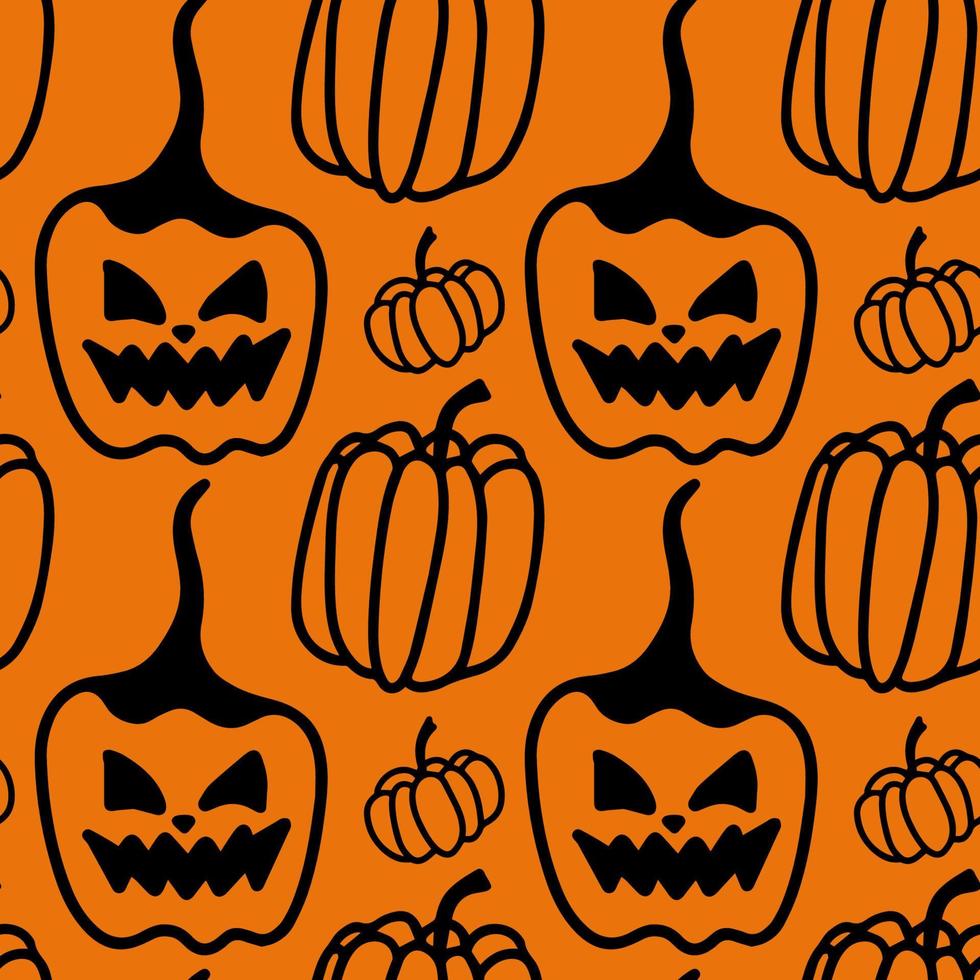 vector halloween patrón sin costuras calabazas clipart en la naranja. ilustración graciosa y linda para diseño de temporada, textil, decoración de sala de juegos para niños o tarjeta de felicitación. impresiones dibujadas a mano y garabatos.