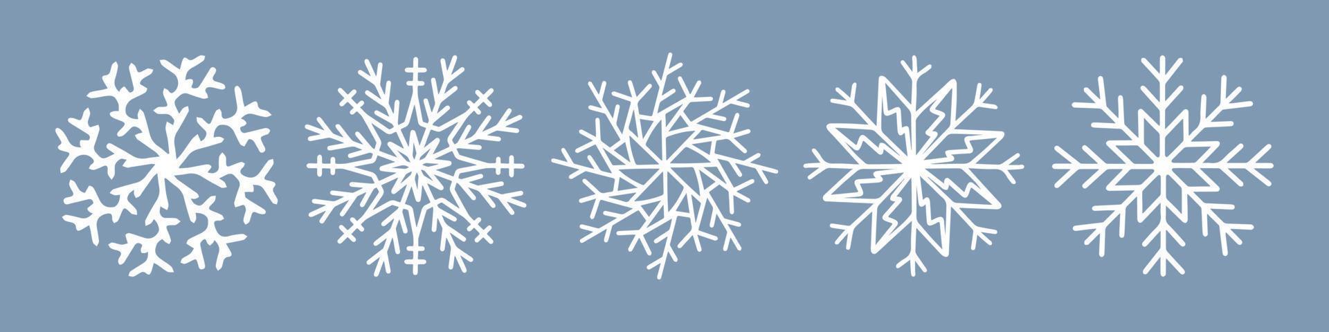 Hand drawn snowflake vector icon collection, winter snow symbol isolated on white background. Merry Christmas and Happy New Year typography elements. Doodle vintage illustration, greeting card.