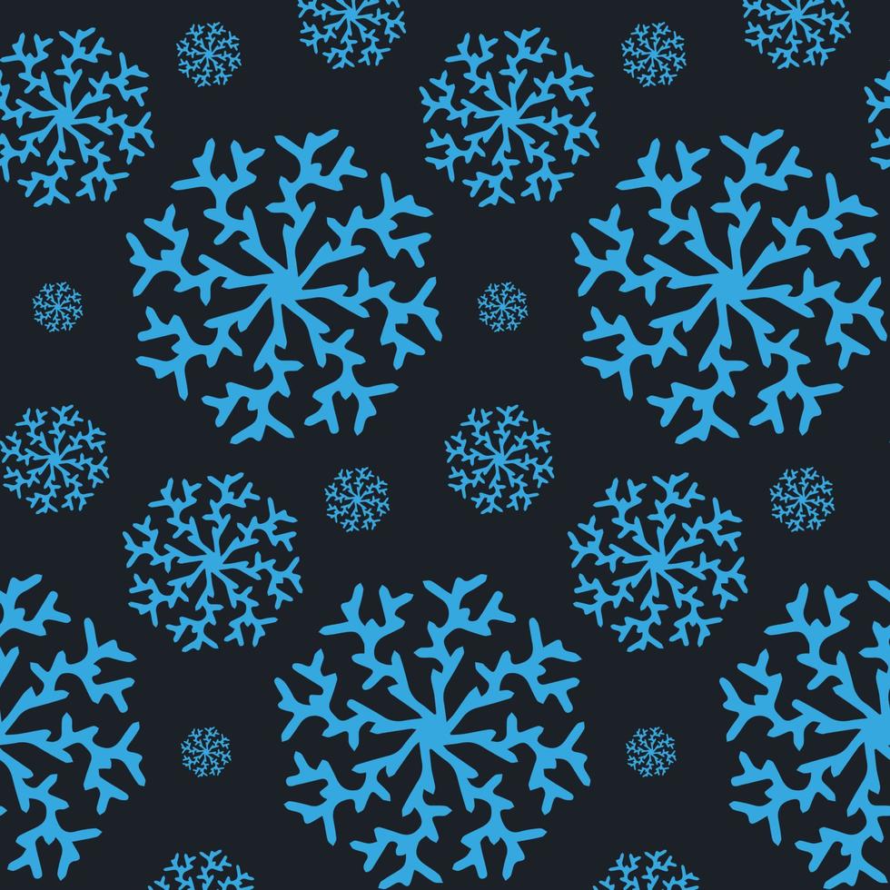 Navidad de patrones sin fisuras con copos de nieve aislado sobre fondo oscuro. Feliz año nuevo papel tapiz y envoltorio para diseño de temporada, textil, decoración, tarjeta de felicitación. impresiones dibujadas a mano y garabatos. vector