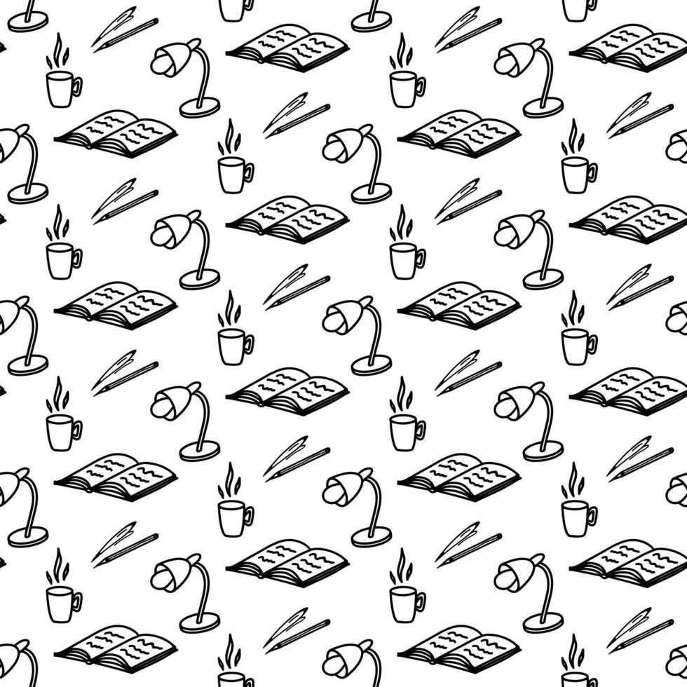 Hand drawn seamless pattern with table lamp, book, notebook, pen, pencil, cup of tea, cup of coffee on white background. Doodle Adult and kids coloring page. Back to school. school supplies vector