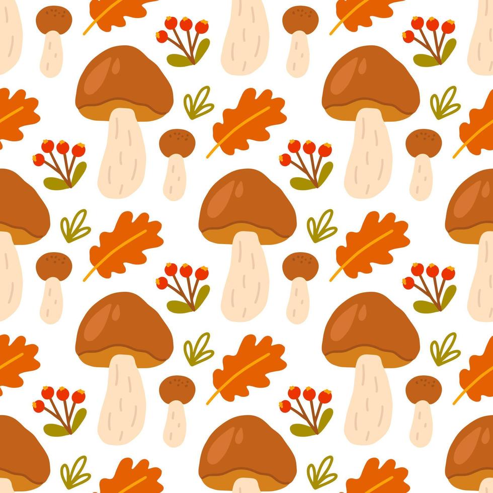 Porcini mushrooms with leaves and berries on white background, vector seamless pattern