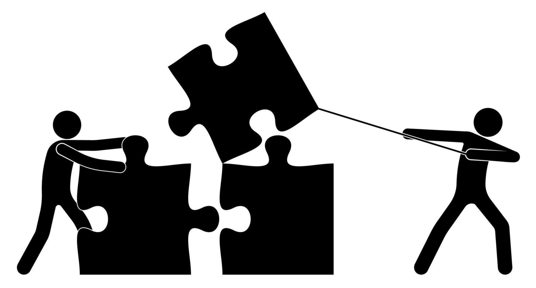 Teamwork. Two people, stick figure build together with puzzle pieces. Solving common problem by joint efforts. Work of people in team for common result. Vector