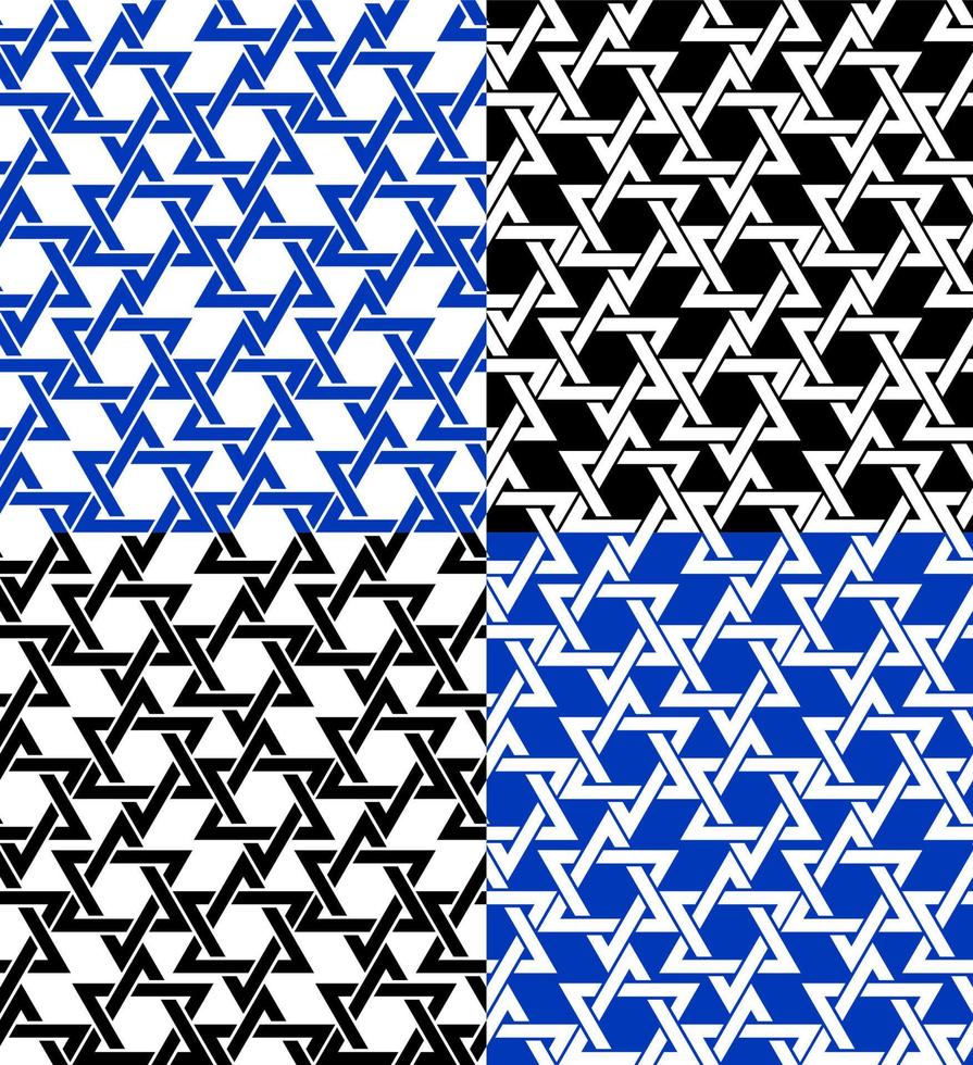 set of seamless patterns with Star of David symbol. Ornament for decoration of Hanukkah. Hexagonal star of national flag of Israel. Vector