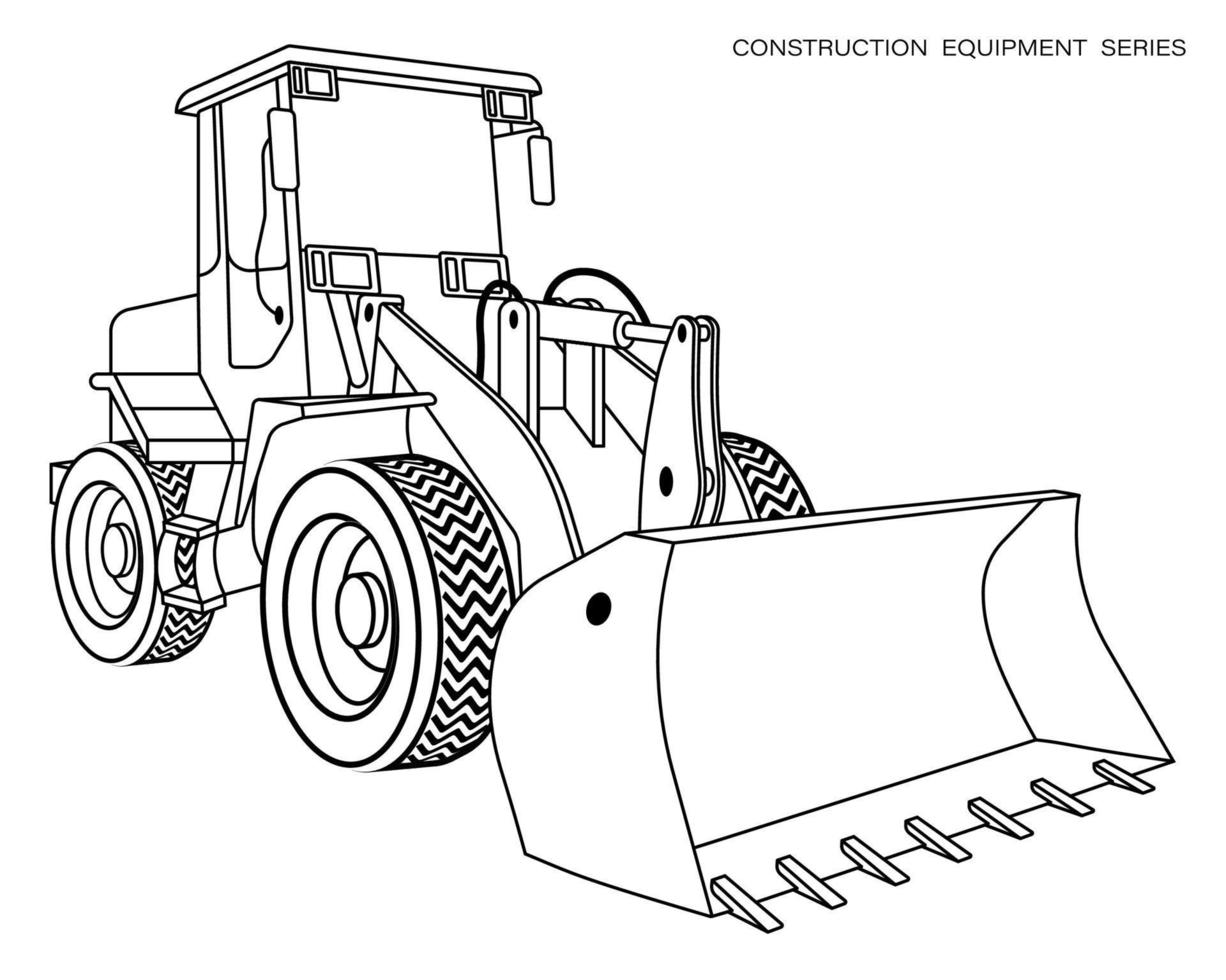 dibujo lineal de niños para colorear libro. cargador de equipos de construcción, excavadora en lineal. maquinaria y equipos industriales. vector aislado en blanco