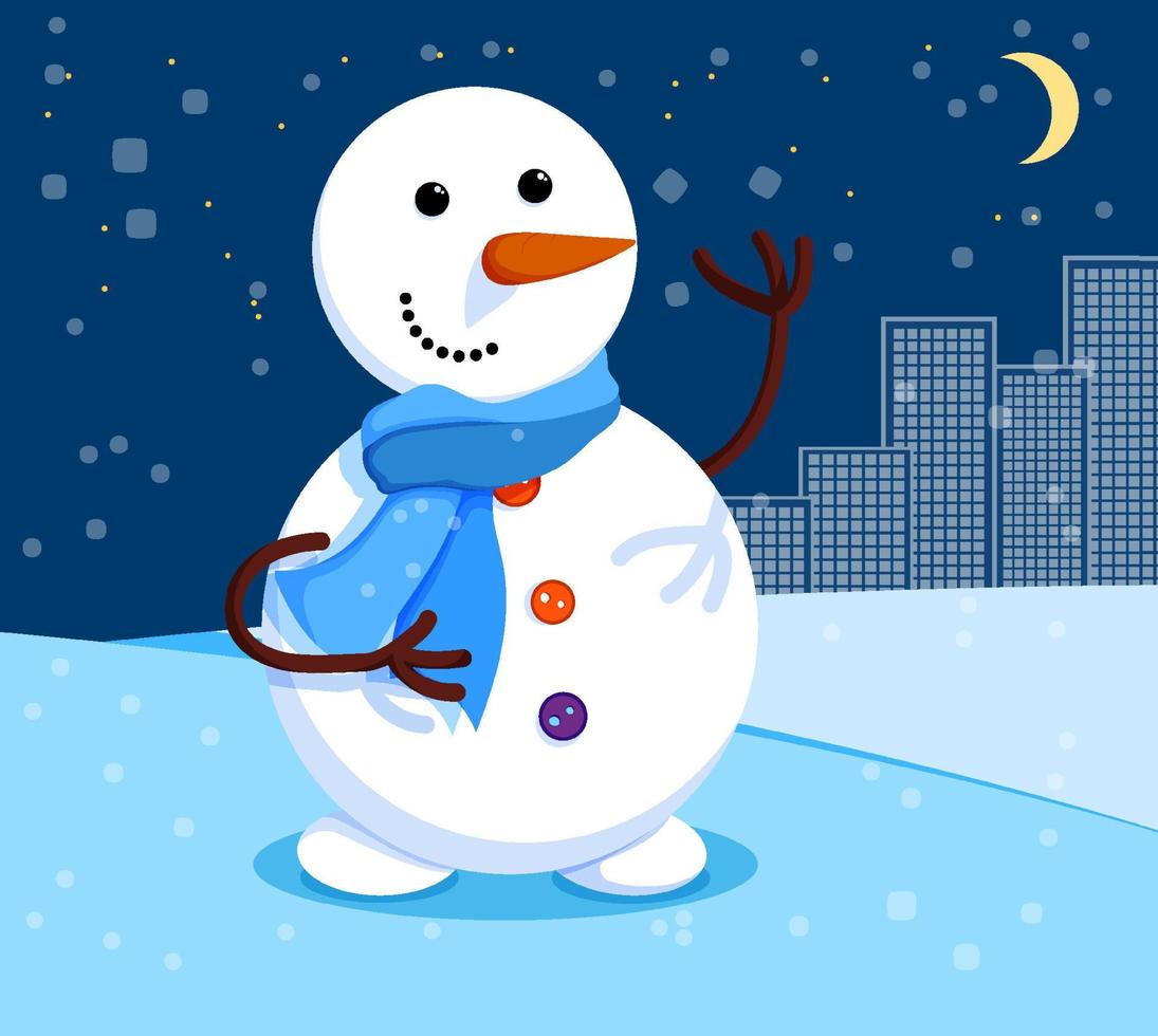 kind snowman stands at night under the moon. Winter cityscape and snowman. Meeting of Christmas and New Year. Winter fun. Cartoon vector