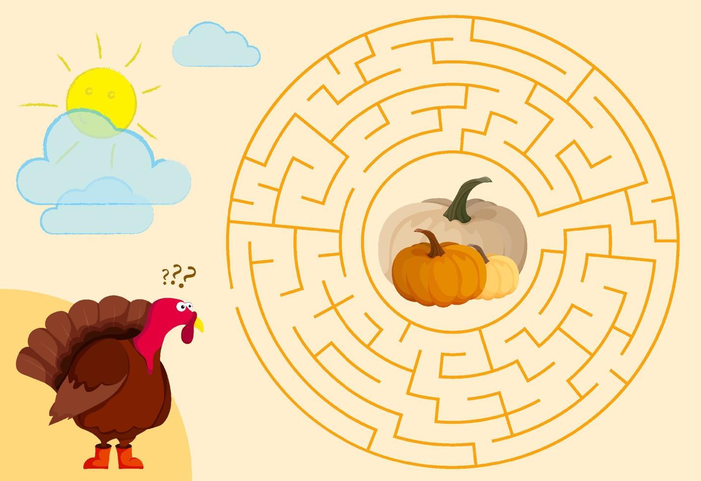 Children games. Round maze, labyrinth. Hungry turkey. Help the turkey find its way through the maze to pumpkins and have lunch. Vector