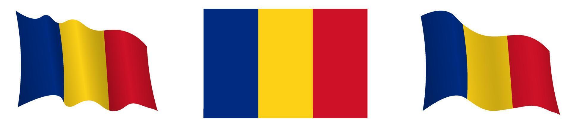 Romania flag in static position and in motion, developing in wind in exact colors and sizes, on white background vector