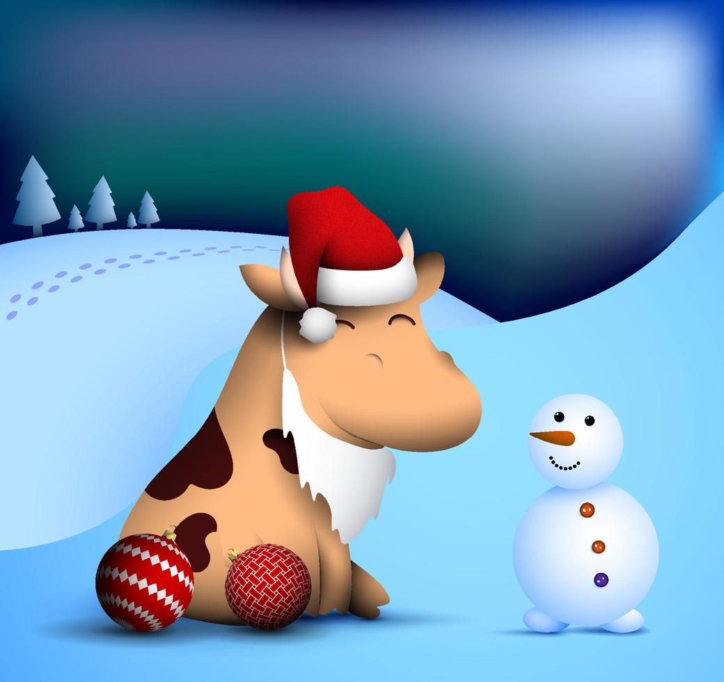 happy little bull, ox in winter clothes makes snowman. Symbol of 2021 of Chinese calendar with satisfied smile on face. Funny animals. Vector