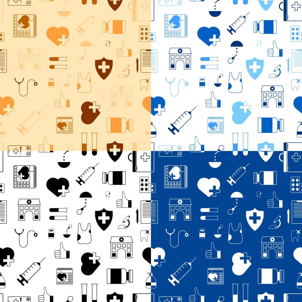 Set of seamless patterns with medical icons. First aid kit, stethoscope, pills, syringe, tooth, microscope, test tubes, hospital, doctor conclusion. Vector