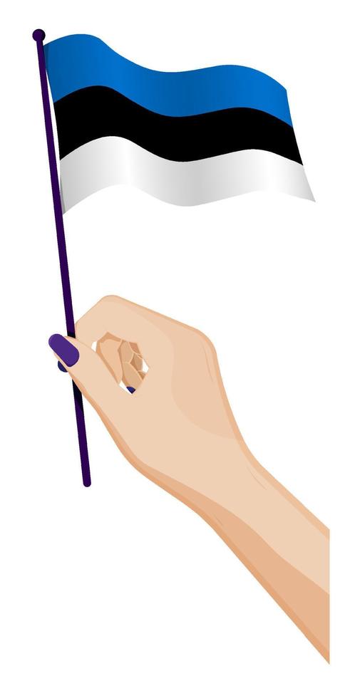 Female hand gently holds small Estonian flag. Holiday design element. Cartoon vector on white background