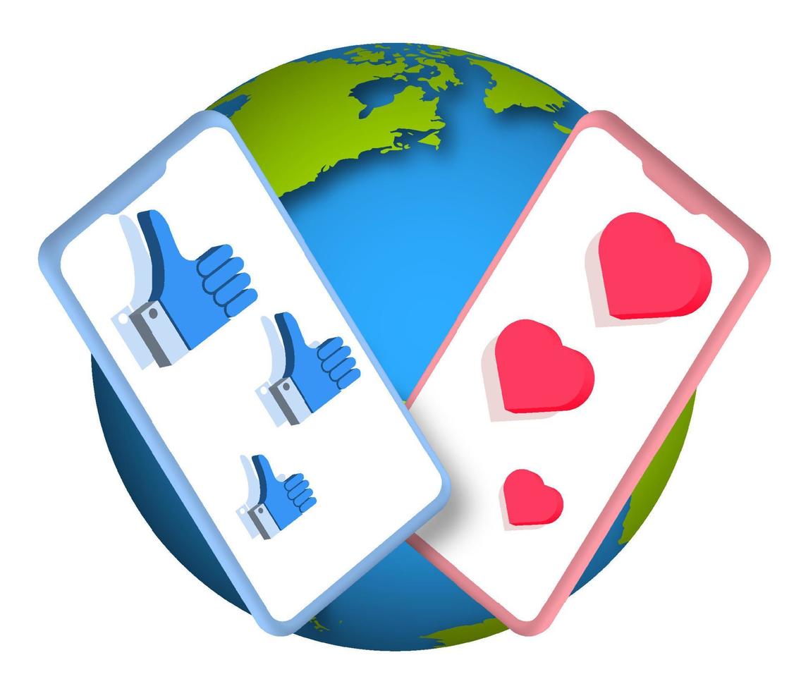 likes and hearts in smartphone with mark like. Online acquaintance and communication in social networks. Online approval. Smartphone on background of planet. Vector