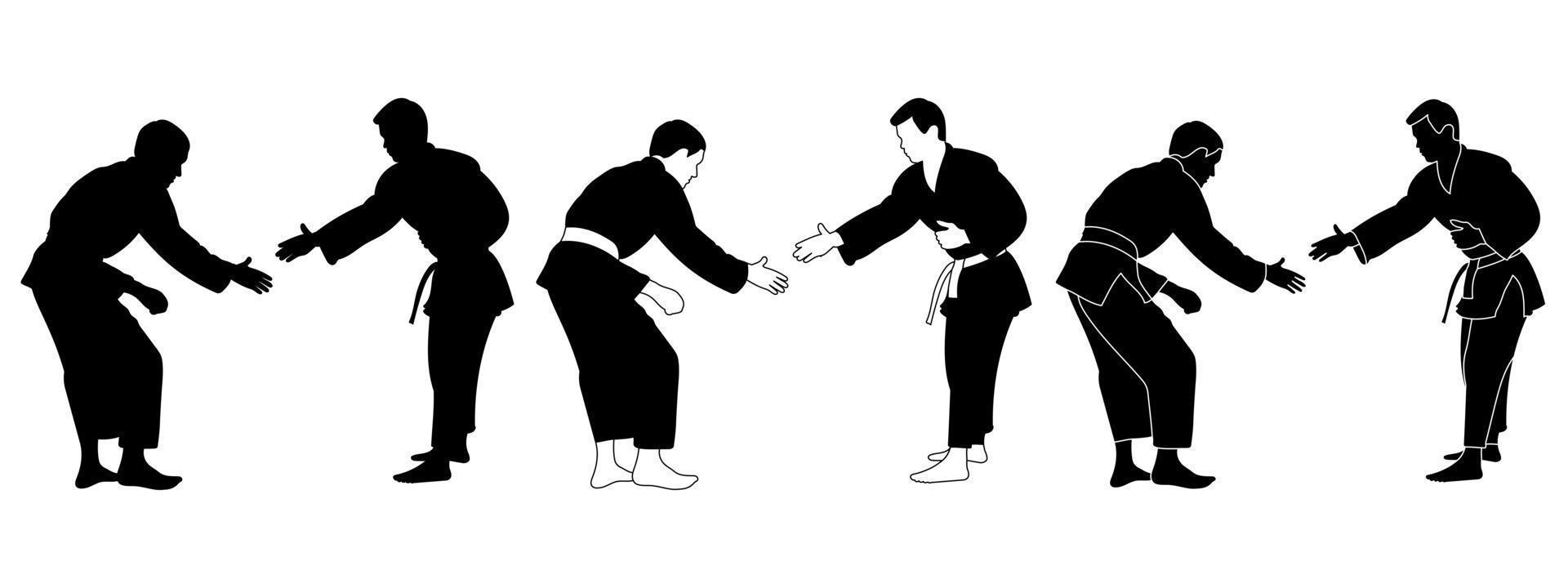 Silhouettes judoist, judoka, fighter in a duel, fight, judo sport, martial art, sport silhouettes pack vector