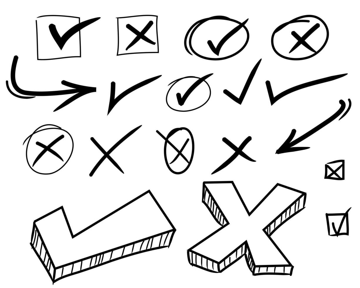 Doodle set . check mark, cross mark and arrow . Tick pass, approve lsymbol. vector illustration