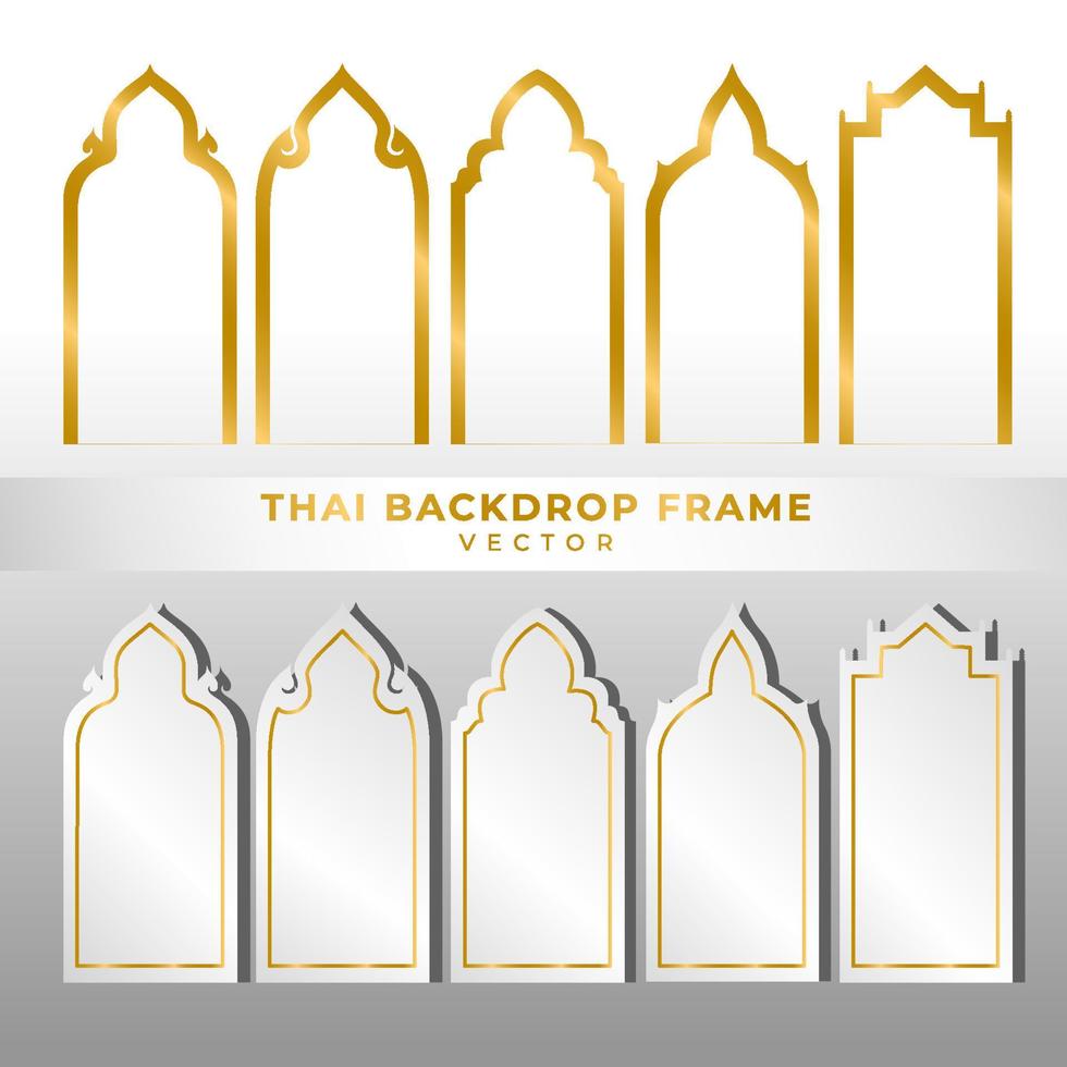 Thai gold backdrop frame vector five styles on white background. Traditional style in Thailand. Must use in temples or buddha rooms. Line Thai style. Luxury style.