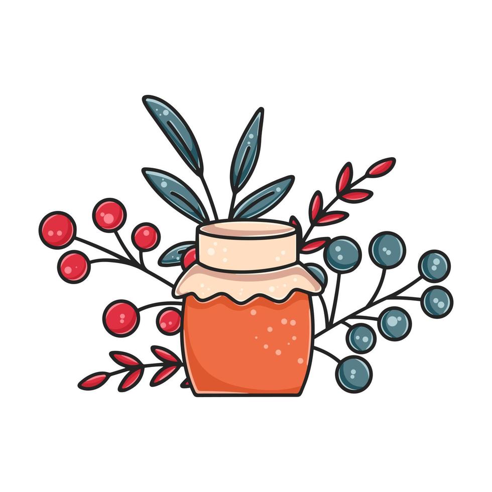 Cozy autumn composition with jar of jam, berries and leaves vector