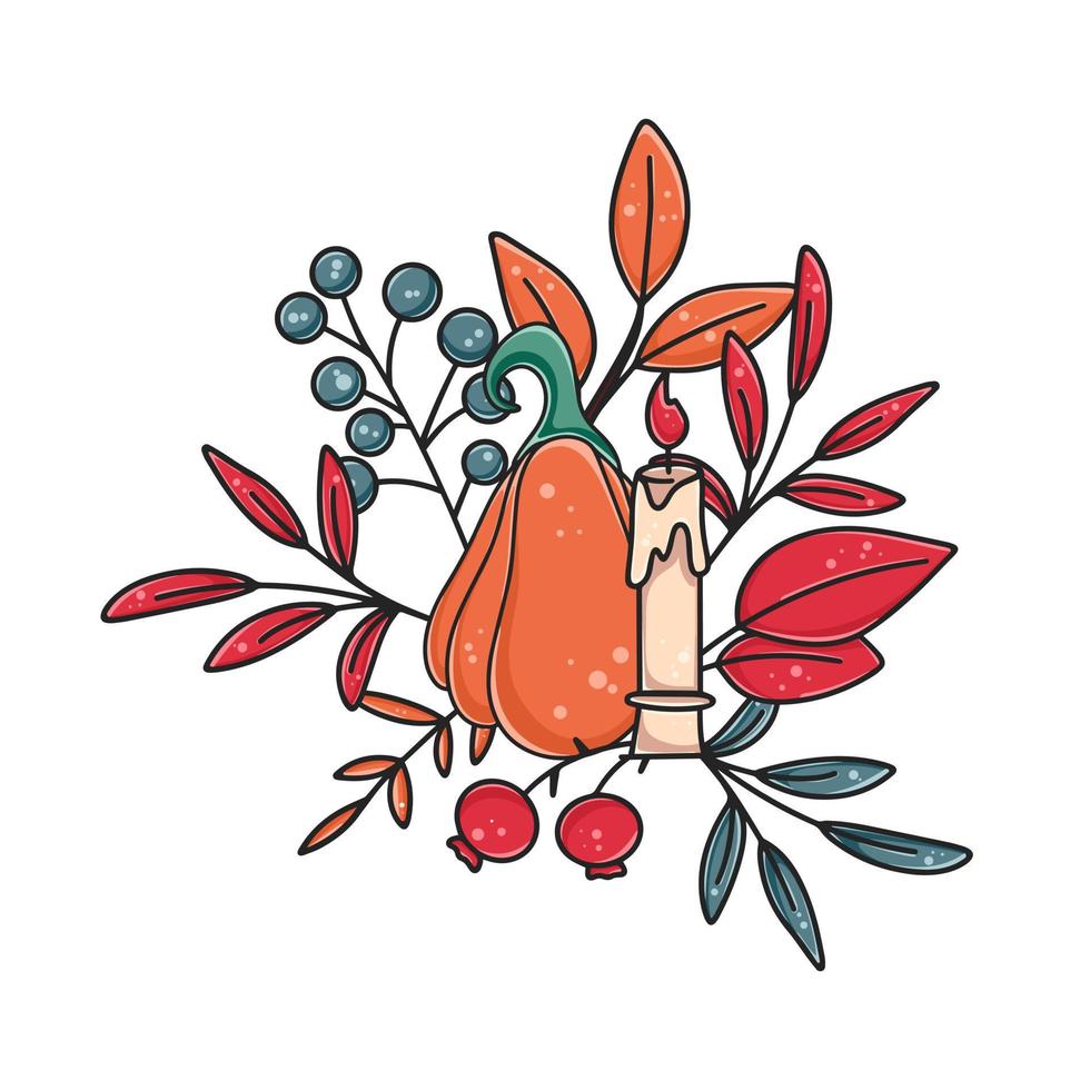 Cozy autumn composition with pumpkin, candle, herbs and leaves vector