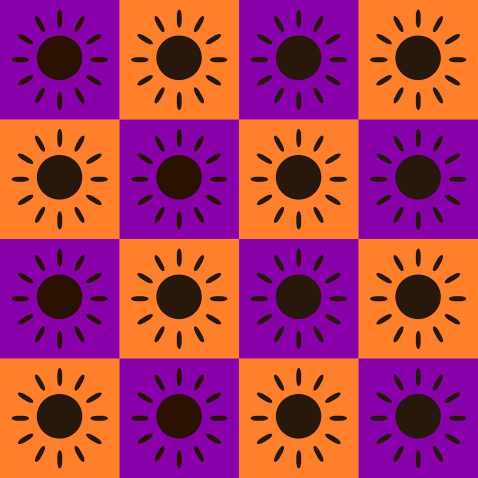 Seamless pattern vector illustration design. Black sun shine within orange and violet of square block. Halloween, fall, fabric, paper, printing, gift, cloth, cover concepts.