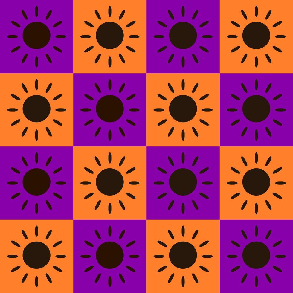 Seamless pattern vector illustration design. Black sun shine within orange and violet of square block. Halloween, fall, fabric, paper, printing, gift, cloth, cover concepts.