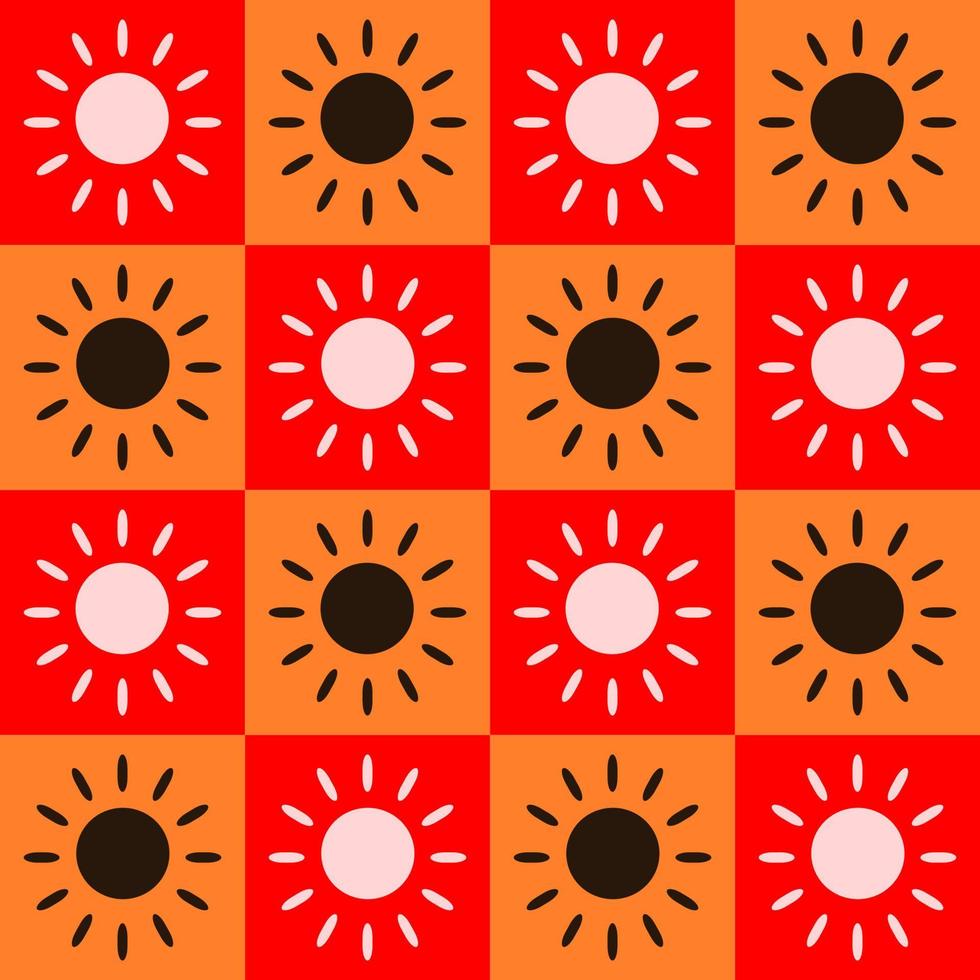 Seamless pattern vector illustration design. Black and white sun shine within a orange square block. Fabric, paper, printing, gift, cloth, cover concepts.