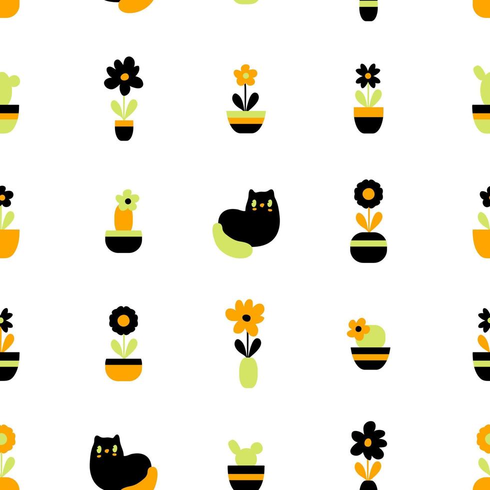 patrón retro nostálgico sin costuras con flores y gatos simples. vector