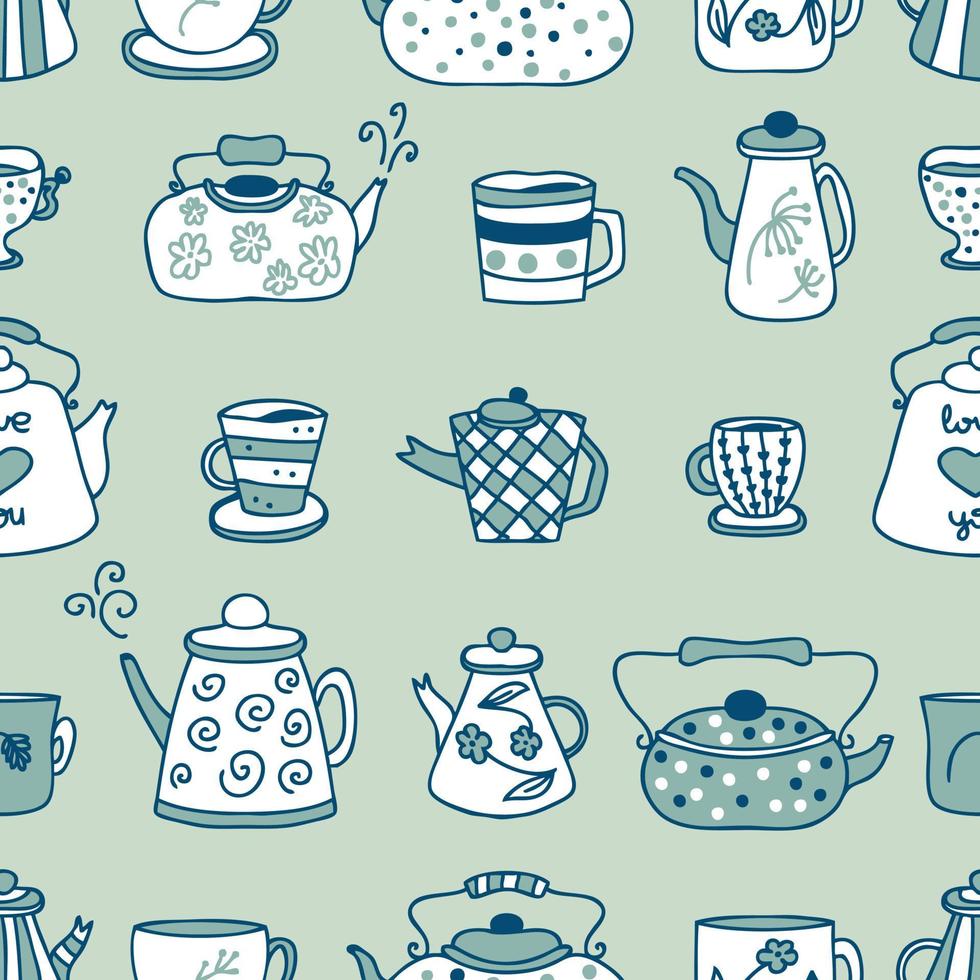 Doodle teapot, cups and mugs autumn seamless pattern. vector