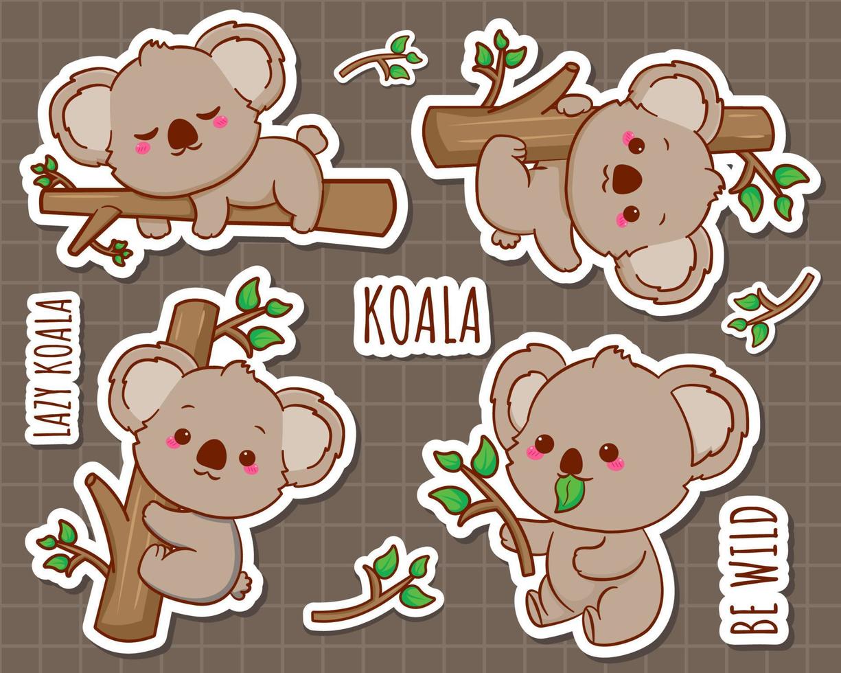 Set cute koala sticker cartoon character. Kawai animal stickers flat design illustration vector