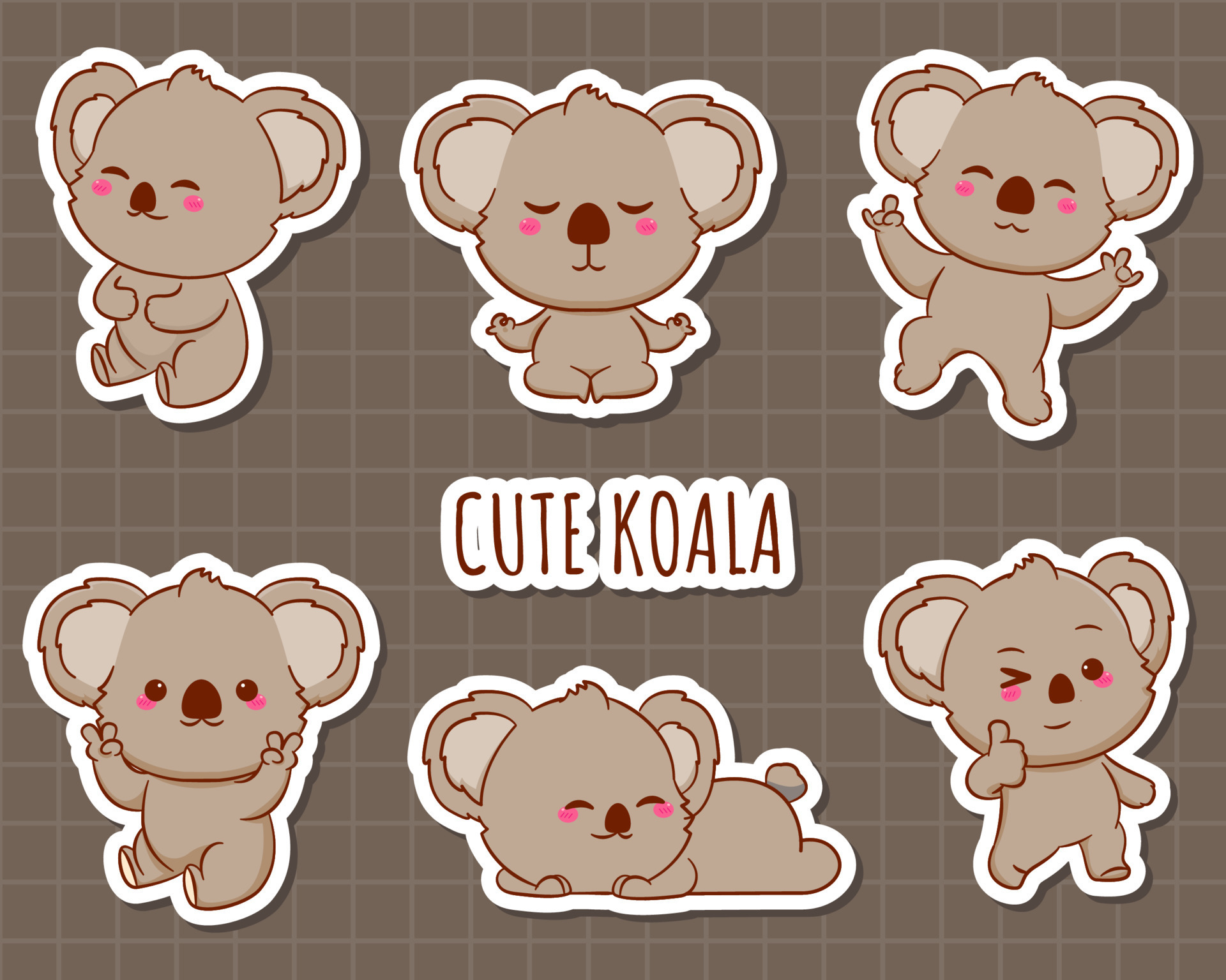 Set cute koala sticker cartoon character. Kawai animal stickers flat