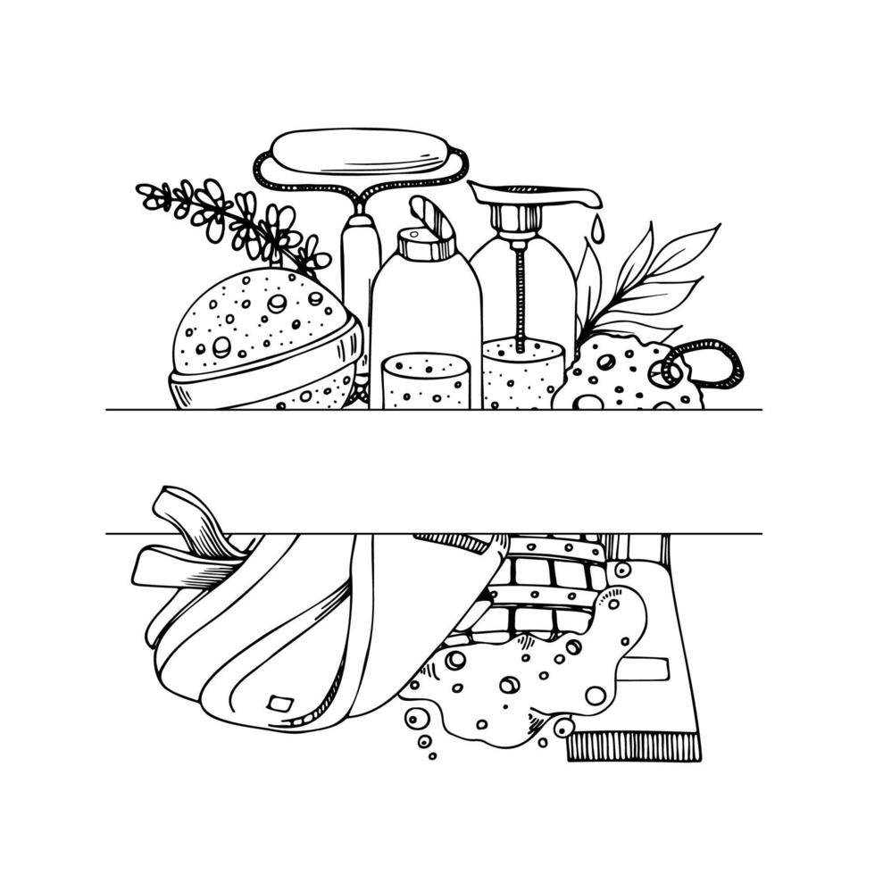 Sauna Doodle Set. Hand drawn bathing accessories. Vector outline illustration