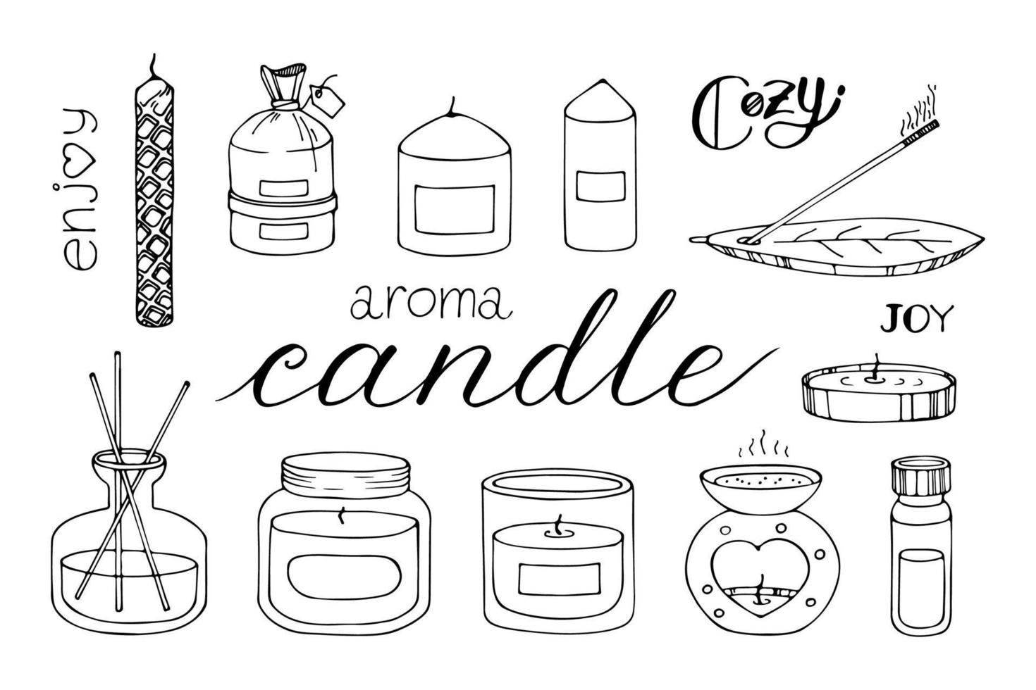 Pillar, jar candle, square, multi wick Different sizes. Decorative wax candles for relax and spa. Hand drawn doodle illustration. Line art vector set. Natural plants aroma