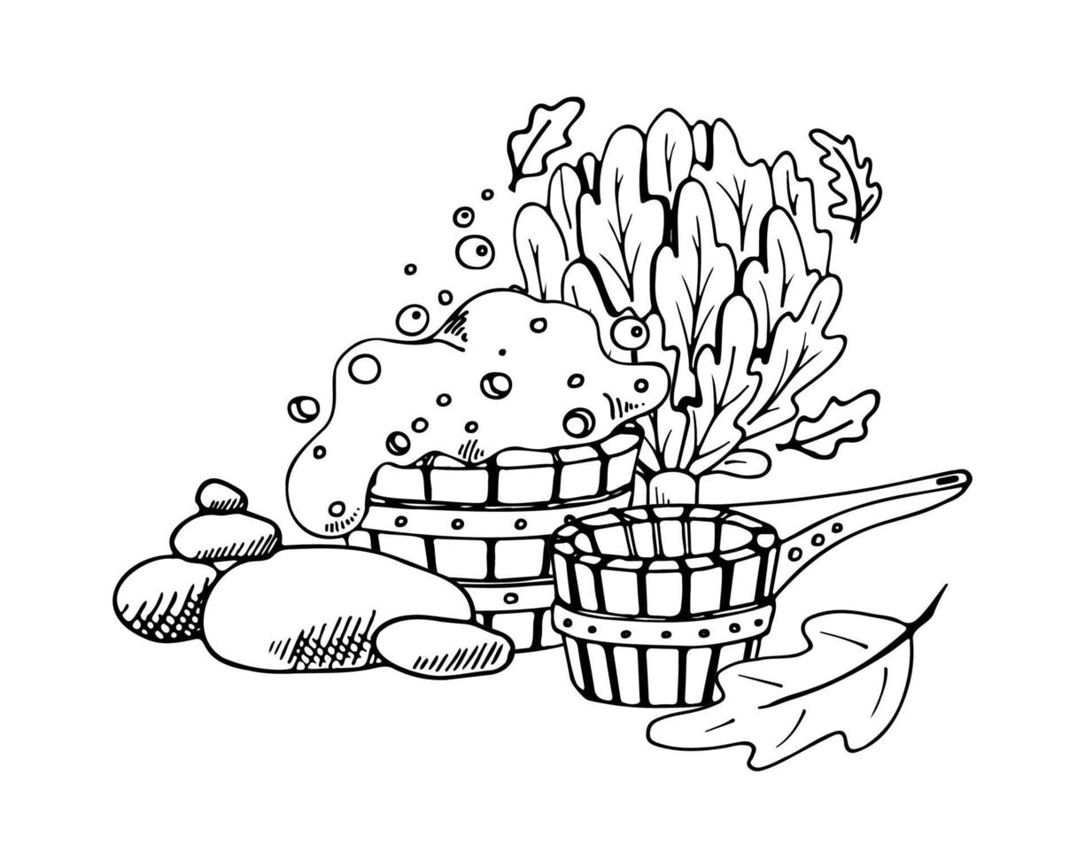 Sauna Doodle Set. Hand drawn bathing accessories. Vector outline illustration