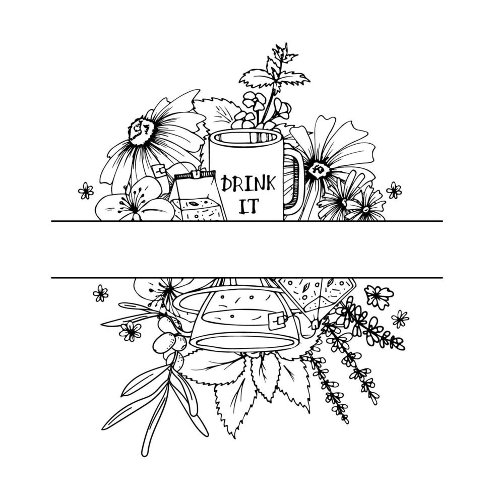 Herbal Tea cup vector set. Doodle Hand drawn sketch illustration