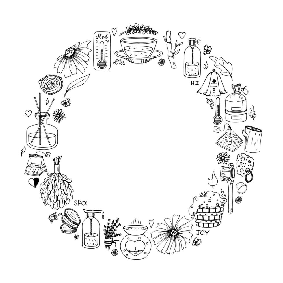 Sauna accessories sketches in circle shape. Hand drawn doodle spa items collection. Vector outline object